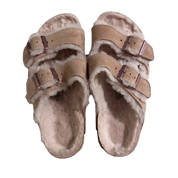 Birkenstock Arizona Shearling Slide Sandals Pink Size 5 Suede Buckle Slip On - Picture 6 of 11